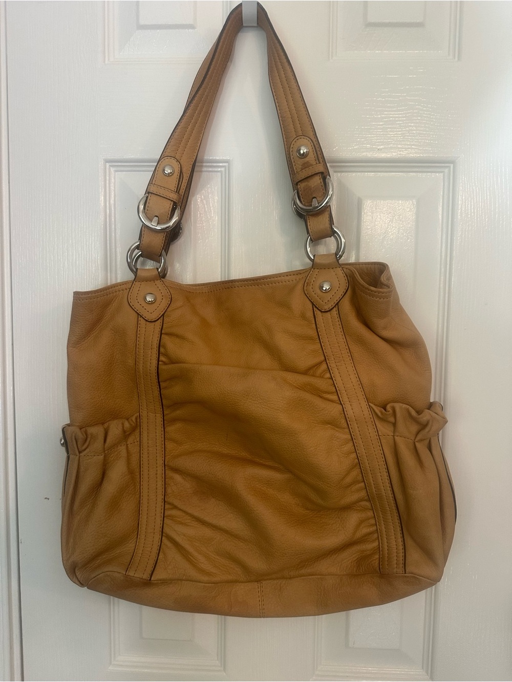Tan Leather Shoulder Tote Bag with Leopard Print Lining
